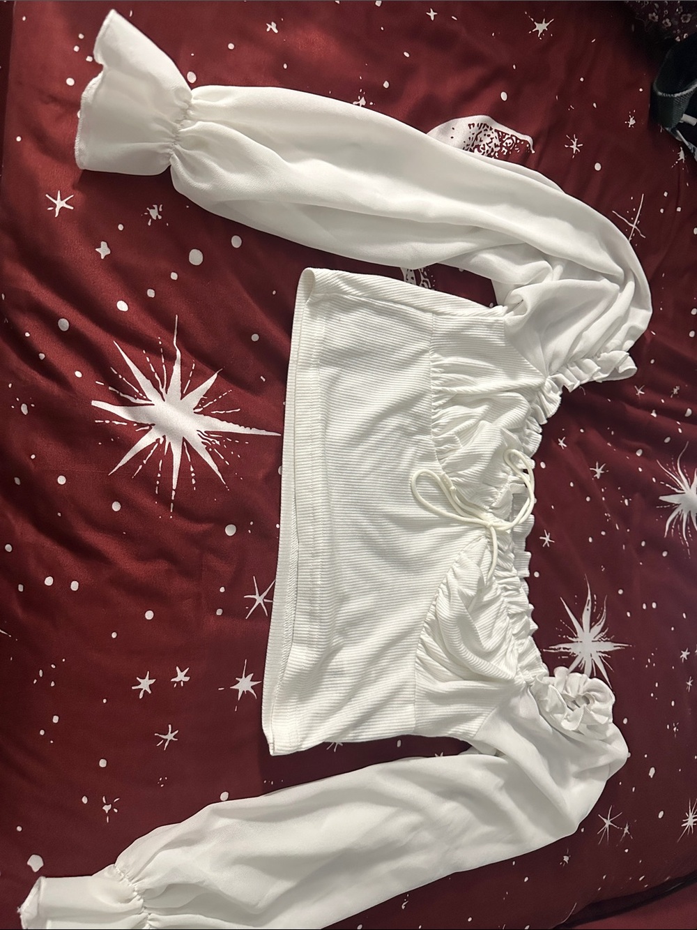 White Ruched Long-Sleeve Off-Shoulder Crop Top